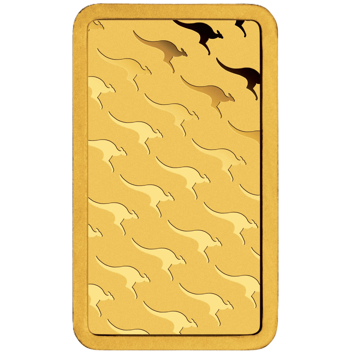 Shimmering 2026 Australian Kangaroo 1g Gold Minted Bar from the GR Reserve, viewed from a straight-on angle, showca.