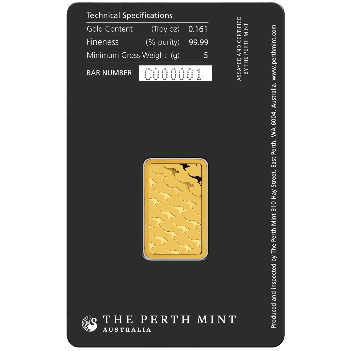 Front angle of 2026 Australia Kangaroo 5g gold minted bar in assay card, produced by Perth Mint, with theme of Aust.