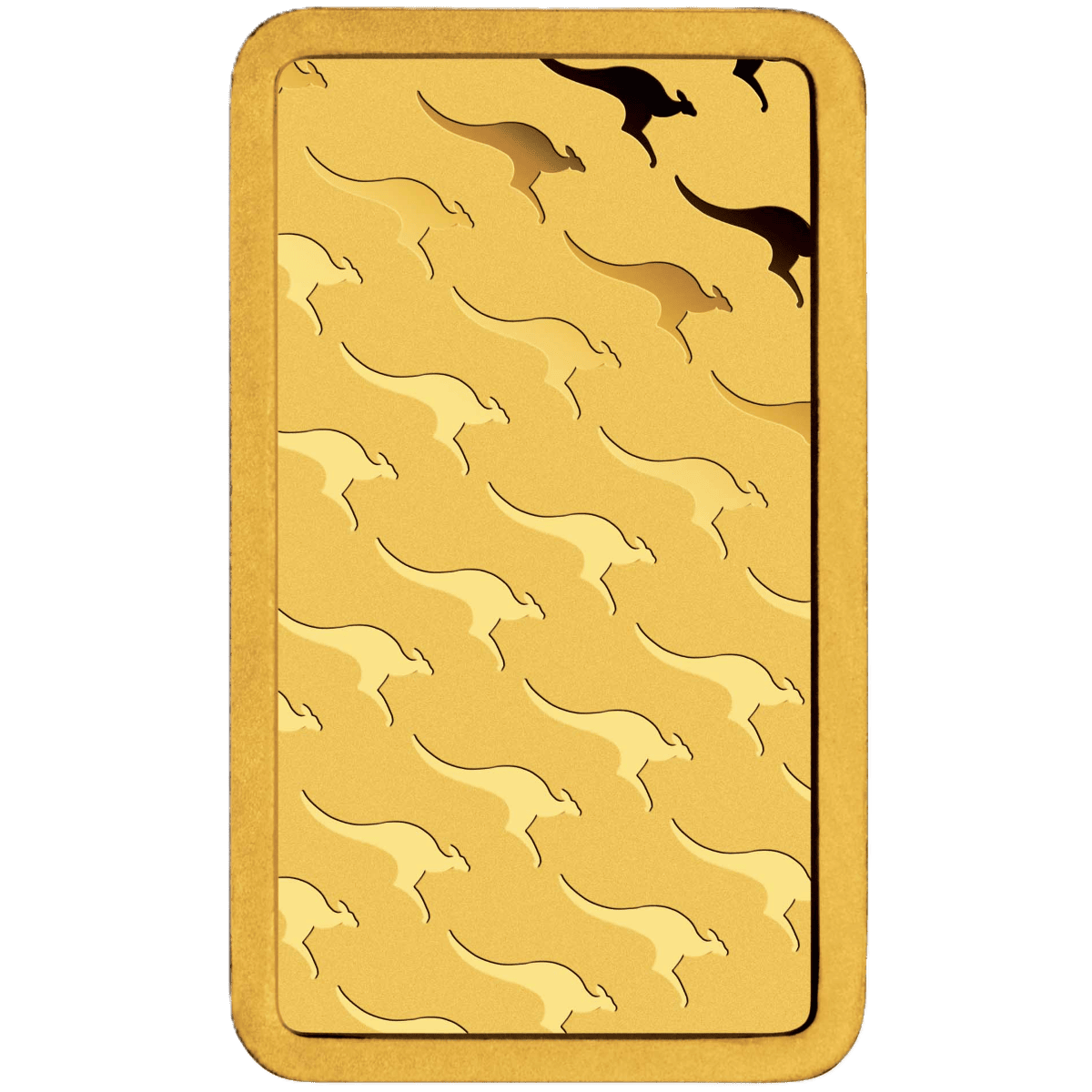 Shiny gold 2026 Australia Kangaroo 5g gold minted bar in assay card, produced by the Perth Mint, showcasing detaile.