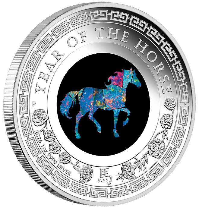 Australia Lunar Opal Year of the Horse 1 oz Silver Proof Coin, 2026, Perth Mint, detailed horse design, 1 oz weight.