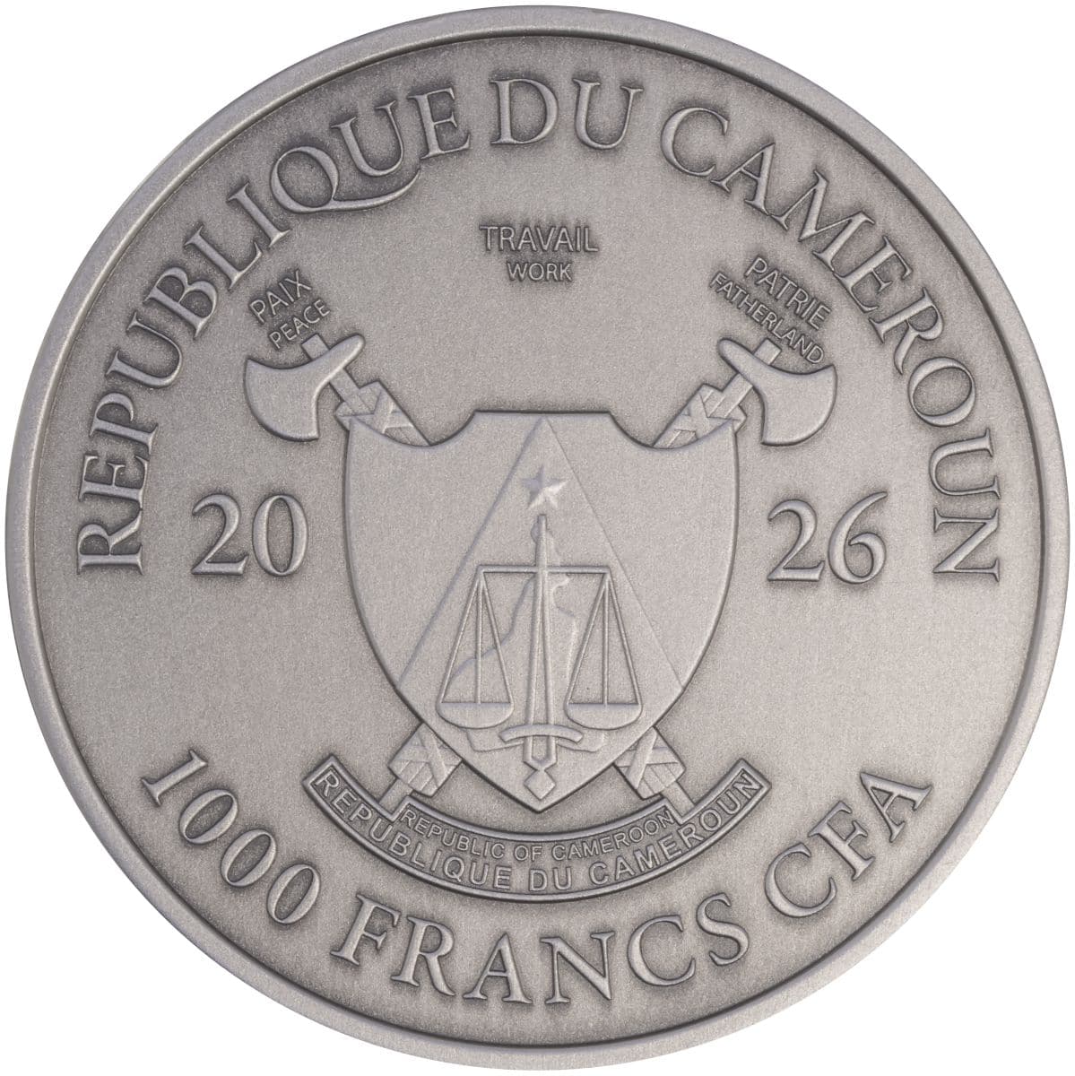 A silver proof coin from Cameroon, 2026, top view, 1 oz weight, featuring the country's emblem and motto, ideal for.