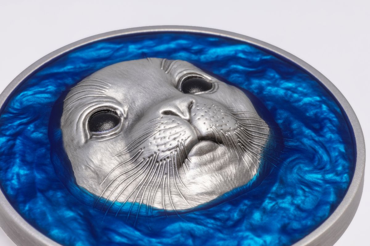 Shiny silver seal featuring a detailed seal face, 2026 Cameroon, above surface angle, 1 oz weight, minted by GR Res.