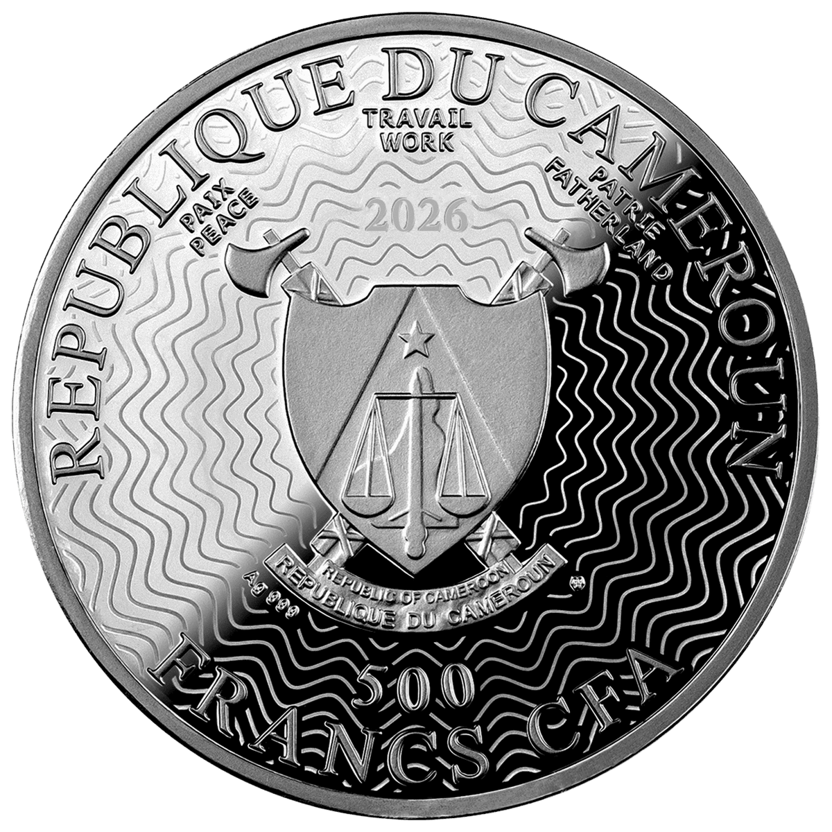A silver Cameroon coin from 2026, featuring a detailed star and scale design, 17.5g weight, minted by GR Reserve, s.