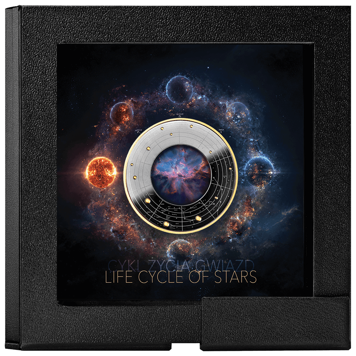 Cameroon 2026 star life cycle coin, 17.5g silver black proof, space theme, minted by GR, angled view.