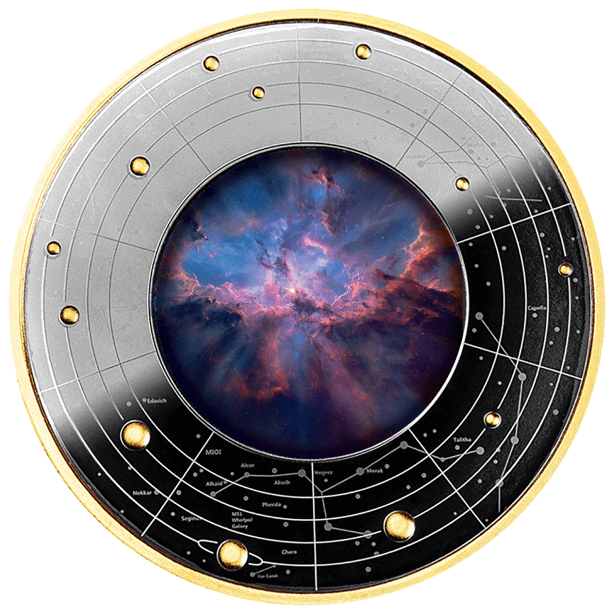 A stunning 2026 Cameroon silver coin featuring the life cycle of stars, showcasing a cosmic nebula with an angled v.