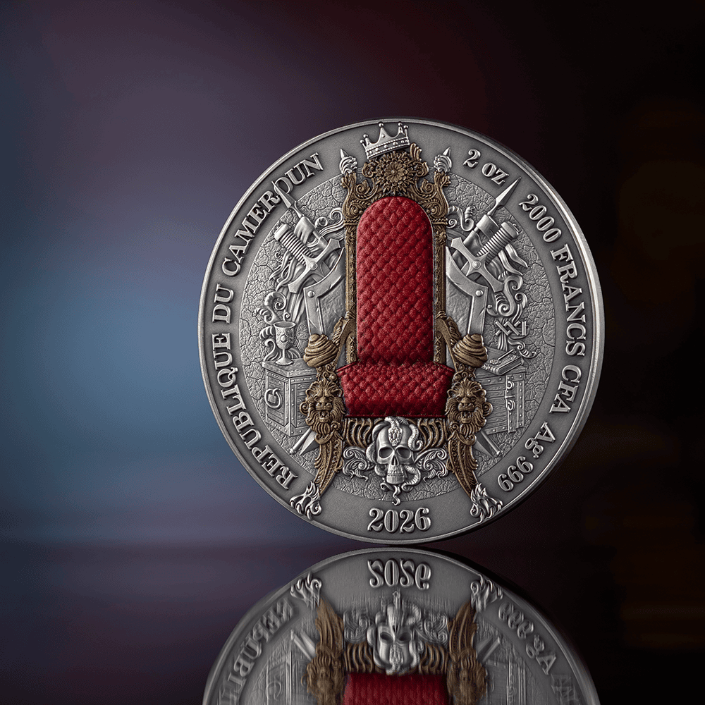 Themed silver coin featuring a regal throne, 2026, Cameroon mint, 2 oz weight, symbolizing empire legacy.