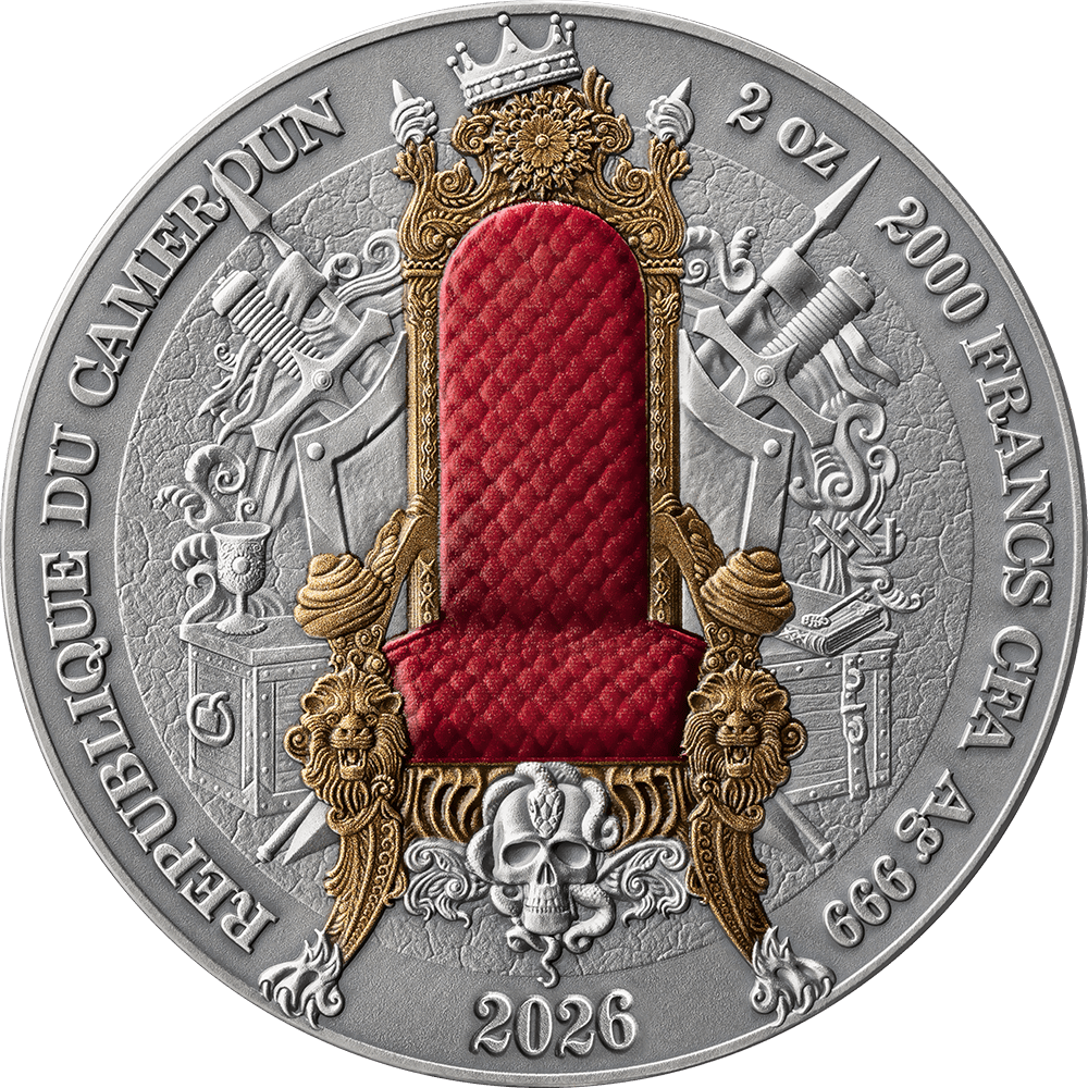 Luxurious silver coin featuring a regal throne with intricate gold accents, minted in 2000 by the French mint, weig.
