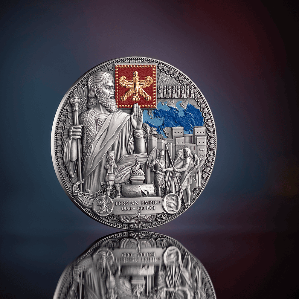 Intricate 2026 Persian Empire silver coin, 2 oz, minted by GR Reserve, showcasing ancient empire's legacy with deta.