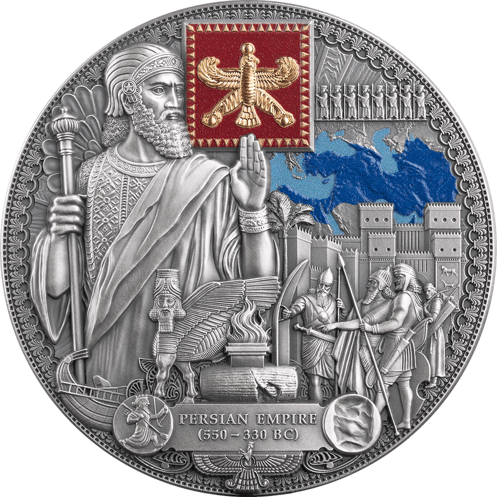 Cameroon's 2026 Persian Empire silver coin, 2 oz, minted by GR Reserve, featuring ancient empire theme, detailed an.