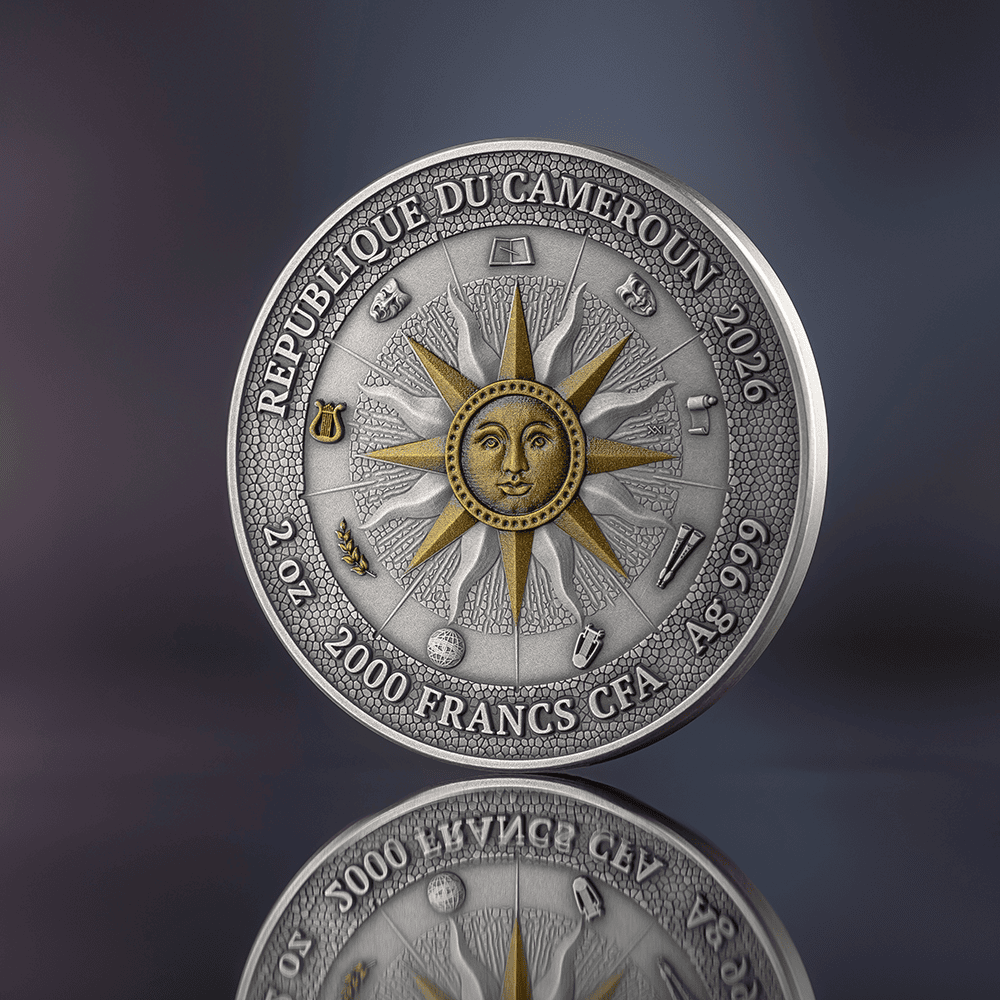 The Nine Muses Erato and Polyhymnia 2 oz Silver Coin Cameroon 2026, minted by Cameroon, featuring digital gilding,.