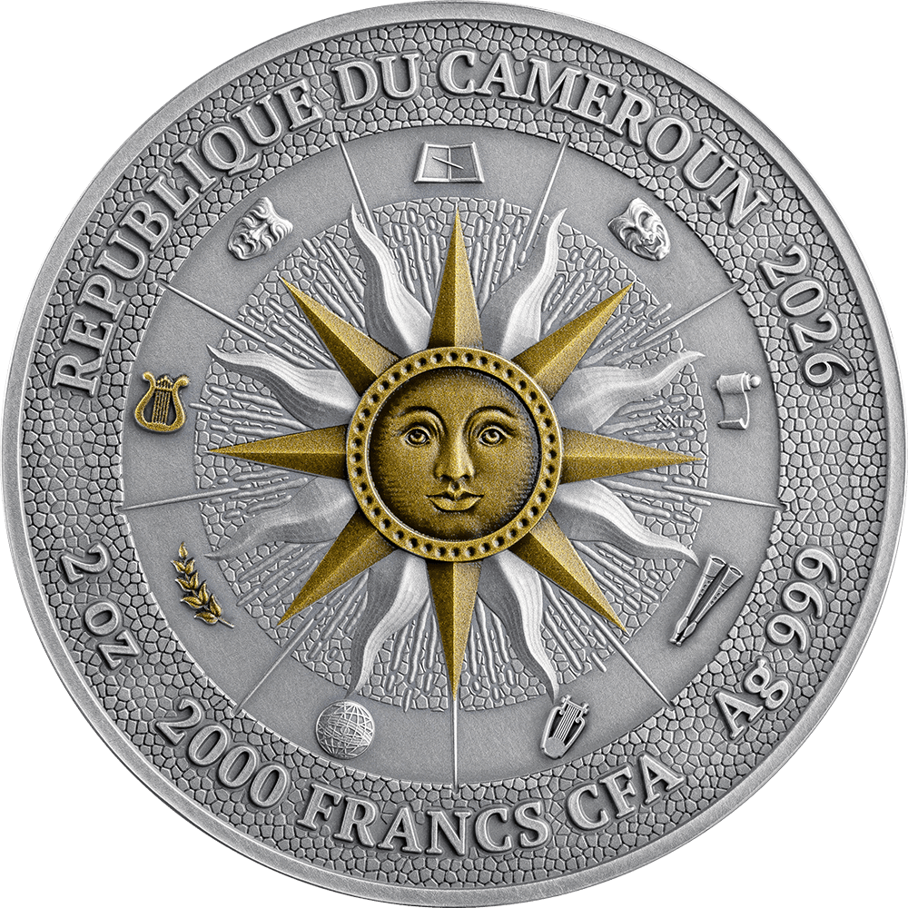 Intricate Cameroon 2026 silver coin featuring Erato and Polyhymnia, 2 oz weight, minted in 2026, showcasing artisti.