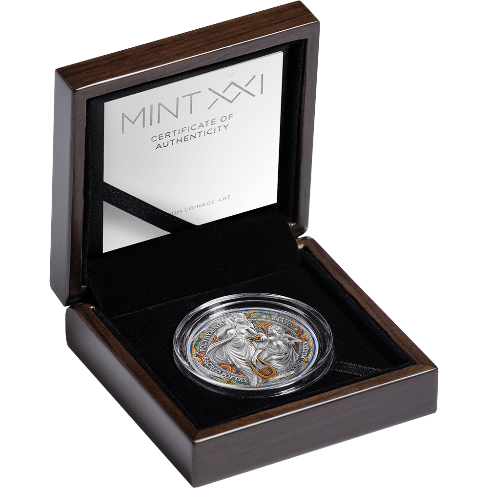 The Nine Muses Erato and Polyhymnia 2026 Cameroon 2 oz Silver Coin, minted in 2026, angled view, with digital gildi.