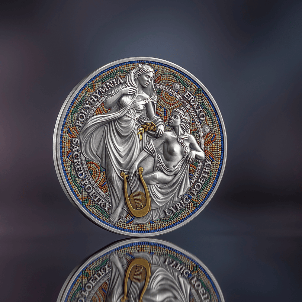 Cameroon 2026 silver coin, Erato & Polyhymnia, 2 oz, minted by GR Reserve, angled view showcasing detailed artistic.