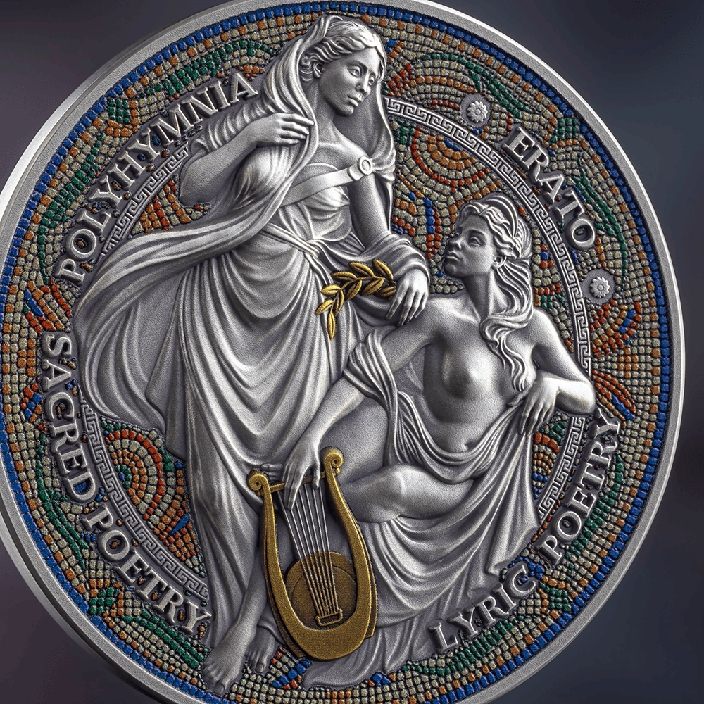 Intricate 2026 Cameroon Nine Muses Erato and Polyhymnia 2 oz Silver Coin, minted by GR, featuring detailed artistic.
