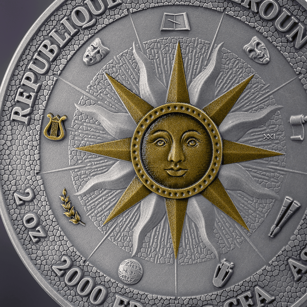 The Nine Muses Erato and Polyhymnia 2 oz Silver Coin, 2026, Cameroon mint, close-up angle, featuring detailed artis.