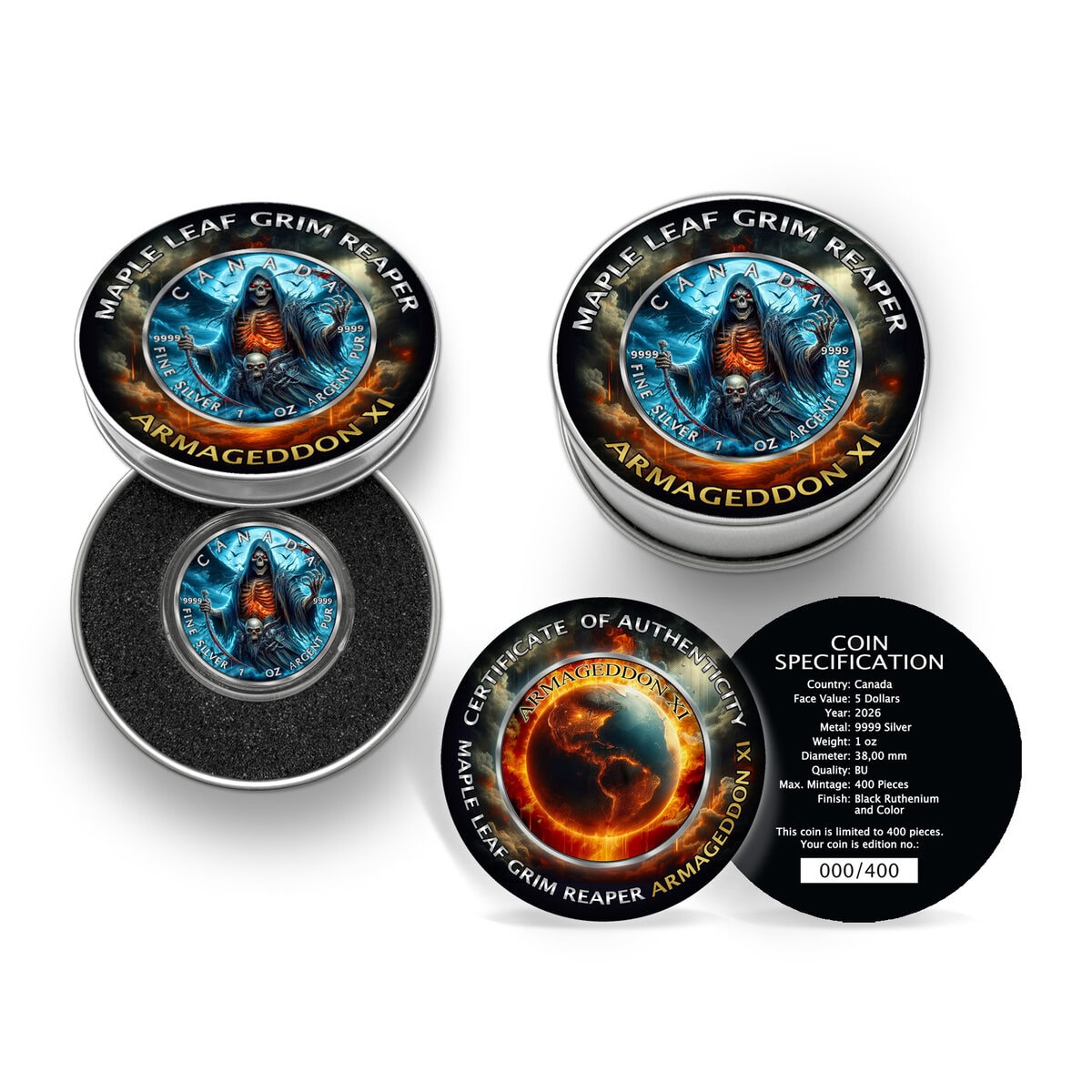 Front view of 2026 Canada Maple Grim Reaper Apocalypse XI 1 oz black ruthenium colorized coin from the mint, showca.