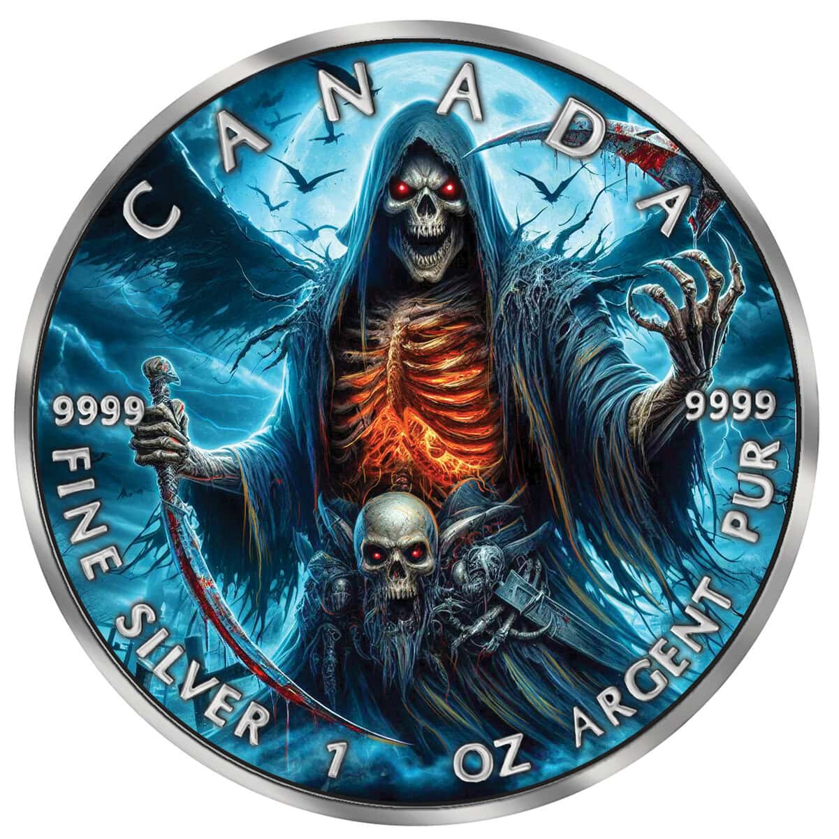 Crucial angle, 2026 Canada Maple Grim Reaper Apocalypse coin, 1 oz weight, minted in Canada, black ruthenium color,.