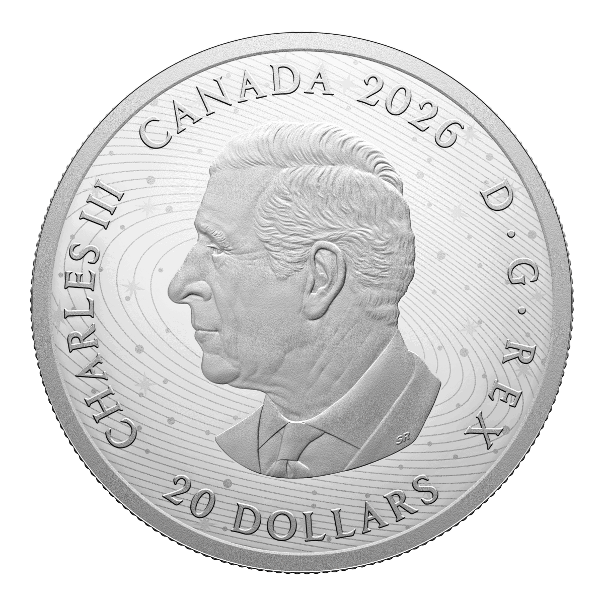 Front view of 2026 Canada Moon Mission 1 oz Silver Proof Coin with UV-activated color, minted by the Royal Canadian.