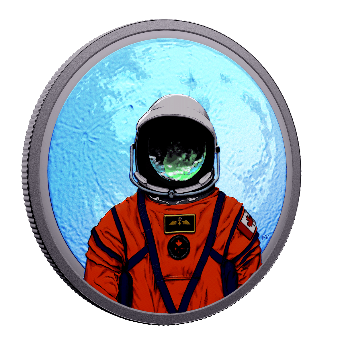 A detailed view of the 2026 Canada Moon Mission 1 oz Silver Proof Coin with UV-activated color, minted by the Royal.