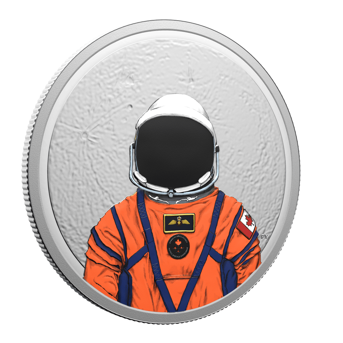 A detailed view of the 2026 Canada Moon Mission 1 oz Silver Proof Coin with UV activated color, featuring a space e.