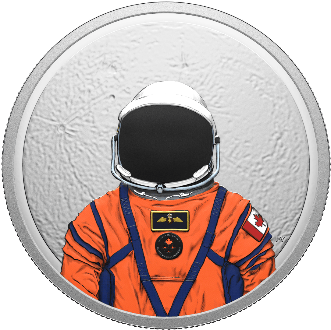Exploring the 2026 Canada Moon Mission 1 oz Silver Proof Coin with UV-activated color, featuring a detailed astrona.