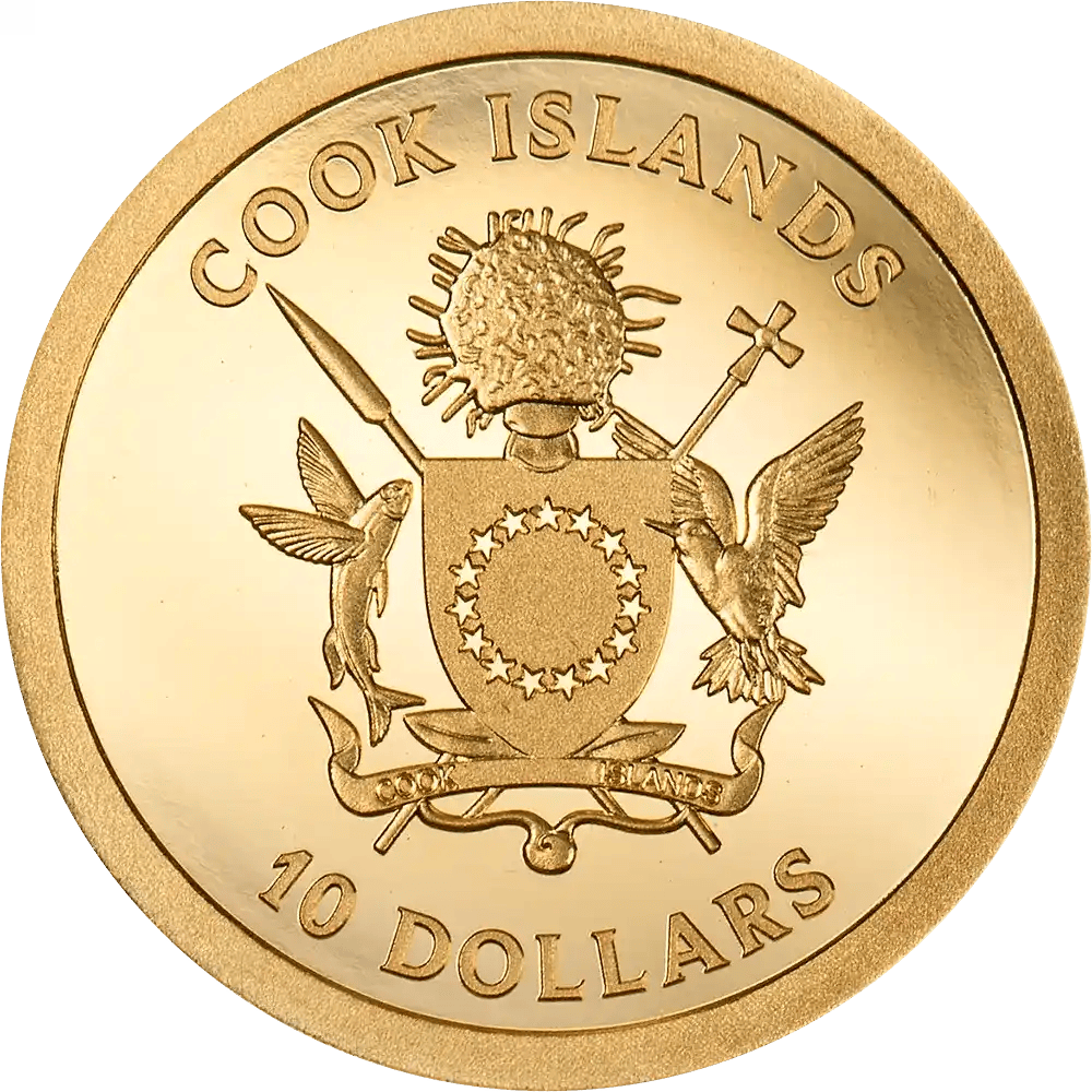 Shiny gold coin, front view, 2026 Cook Islands, 1g gold proof coin featuring a four-leaf clover and national emblem.