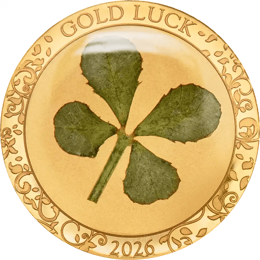 Crucial angle 2026 Cook Islands gold proof coin, 1g weight, minted by GR Reserve, featuring a four-leaf clover for.