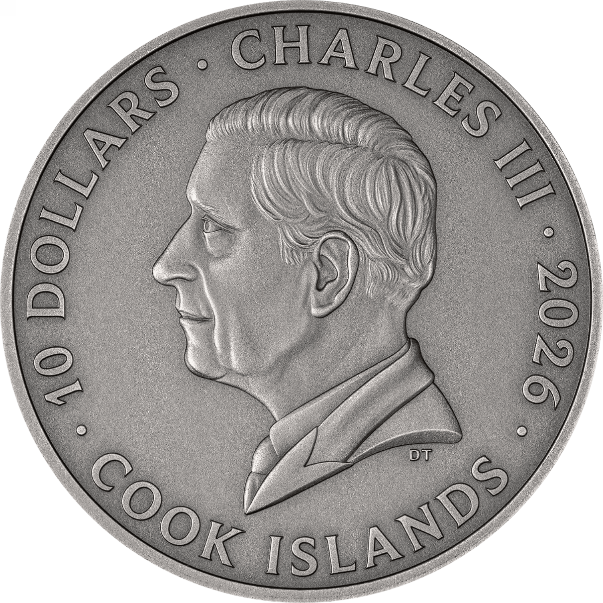 Side angle view of 2026 Cook Islands silver coin featuring Charles III, 2 oz weight, minted in Cook Islands, with g.