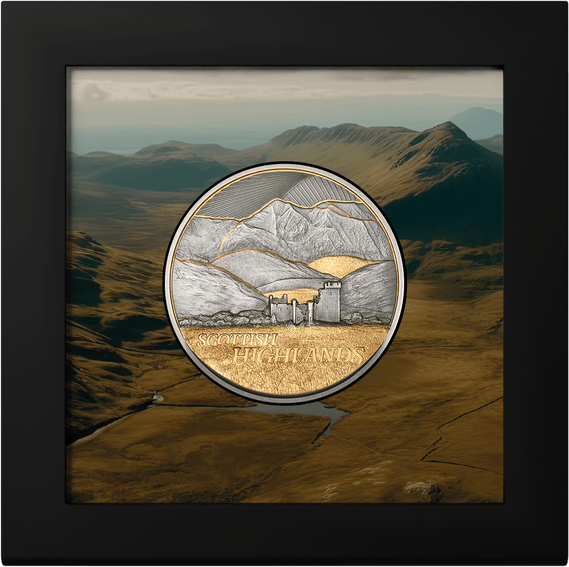 Scottish Highlands 2026 silver coin, minted by Cook Islands, 2 oz, antiqued and gilded, showcasing mountain landsca.