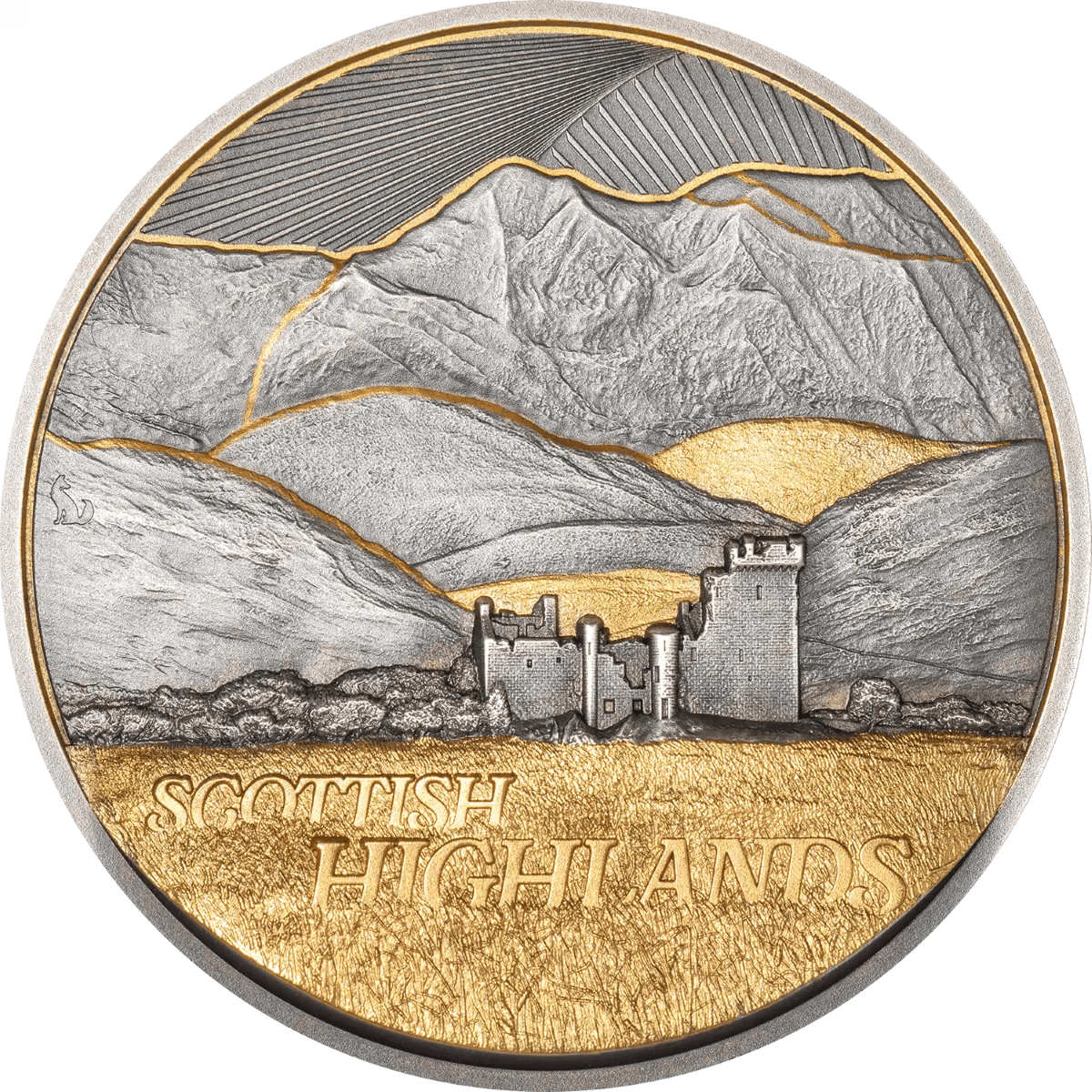 Scottish Highlands 2026 silver coin, minted in 2026, 2 oz weight, featuring mountain landscape and castle, antiqued.