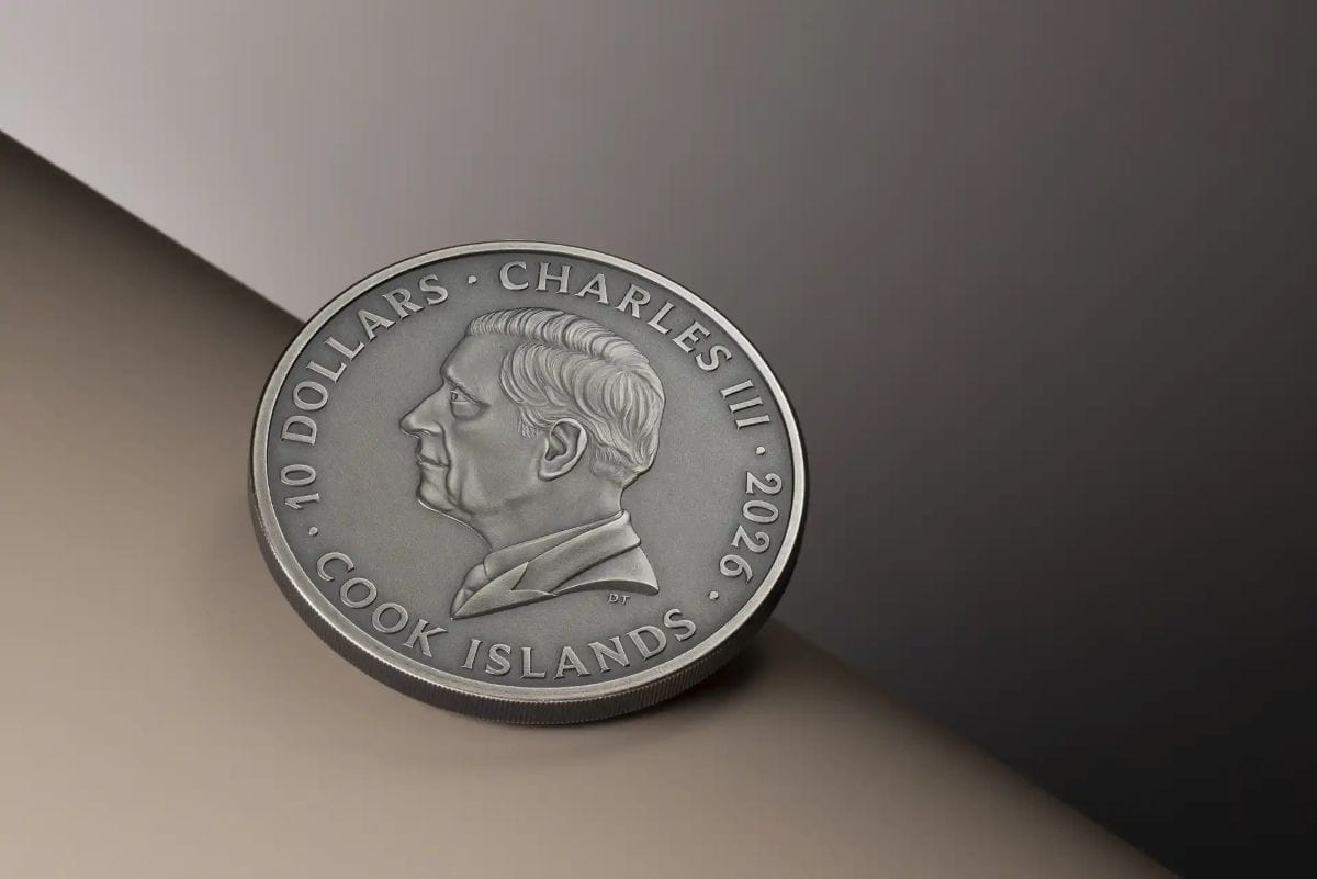 Intriguing side angle of the 2026 Cook Islands Scottish Highlands silver coin, minted in 2026, 2 oz weight, featuri.
