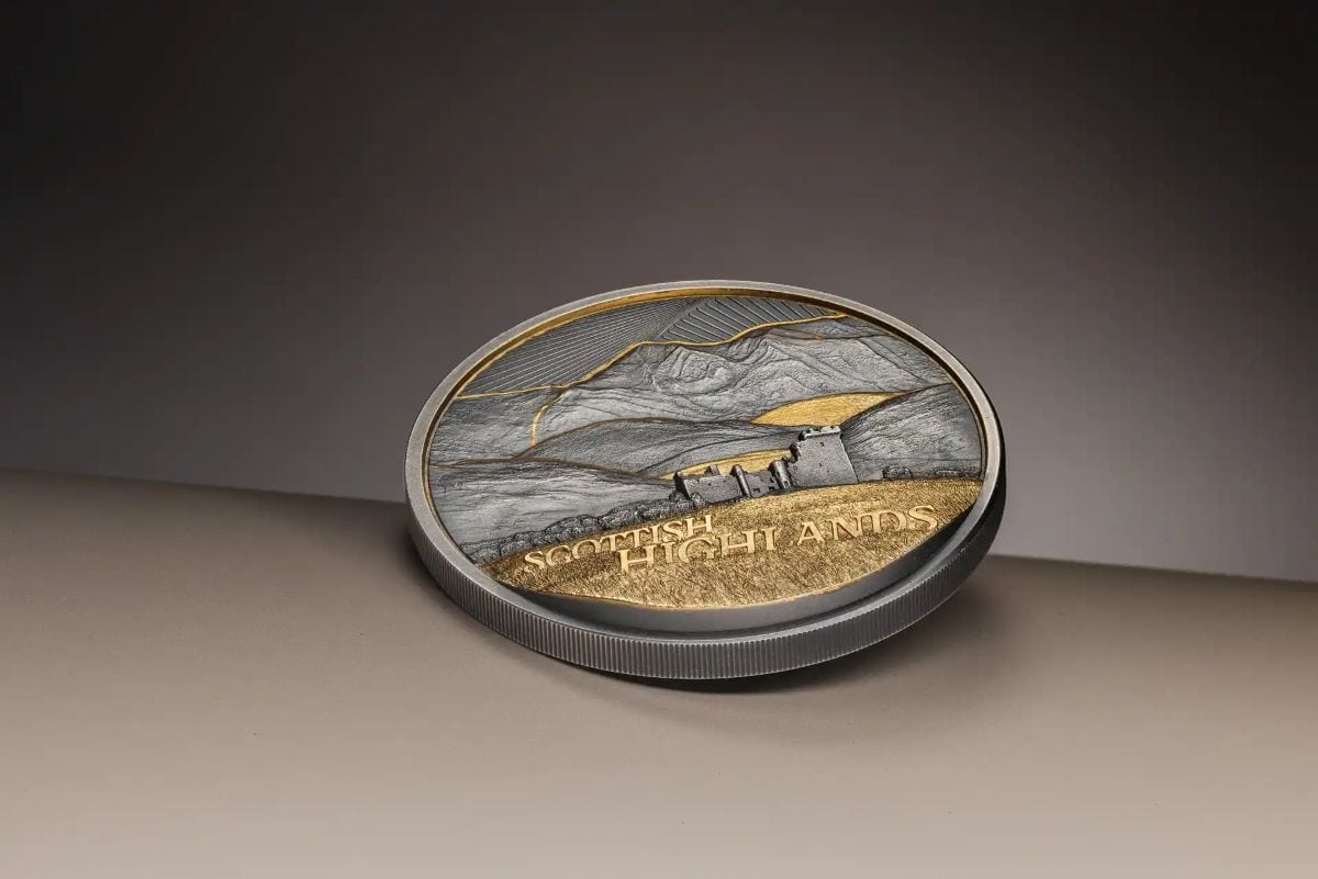 Intriguing Scottish Highlands 2026 coin, 2 oz silver, minted by Cook Islands, featuring a detailed landscape with g.