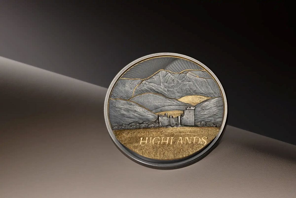 Intriguing angled view of the 2026 Scottish Highlands silver coin, minted by the Cook Islands, weighing 2 oz, with.