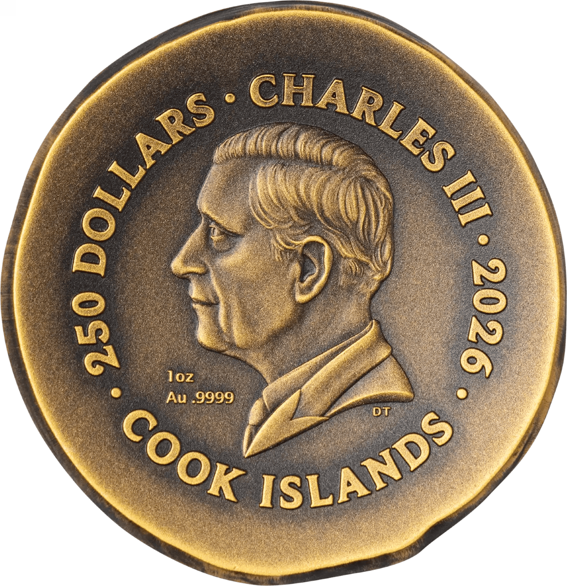 Shallow angle view of the 2026 Cook Islands Krios 1 oz Gold Antiqued Coin, minted in 2026, showcasing its detailed.