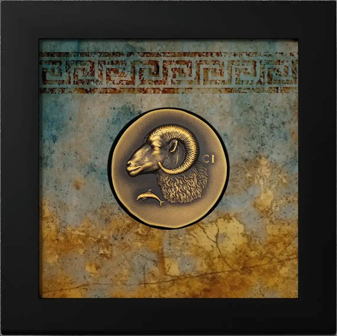 Shiny 2026 Cook Islands Krios 1 oz gold coin, minted by GR, featuring a detailed ram design, captured from a front.