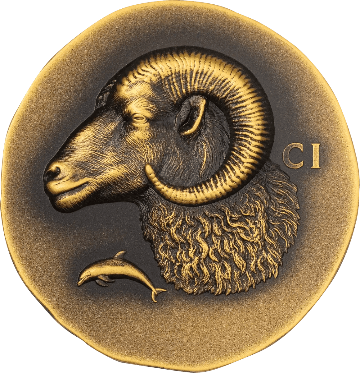 Crucial for ecommerce, 2026 Cook Islands Krios 1 oz Gold Antiqued Coin, minted by GR, featuring a ram, gold finish,.