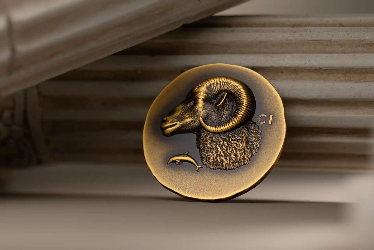 Shimmering 2026 Cook Islands Krios 1 oz Gold Antiqued Coin, minted by GR Reserve, showcasing a detailed ram's head.