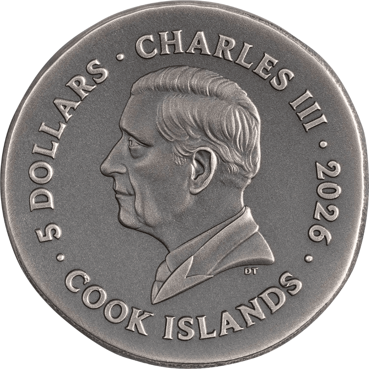Crucial angle, 2026 Cook Islands silver coin, minted by Krios, 1 oz antiqued silver, featuring Charles III theme.