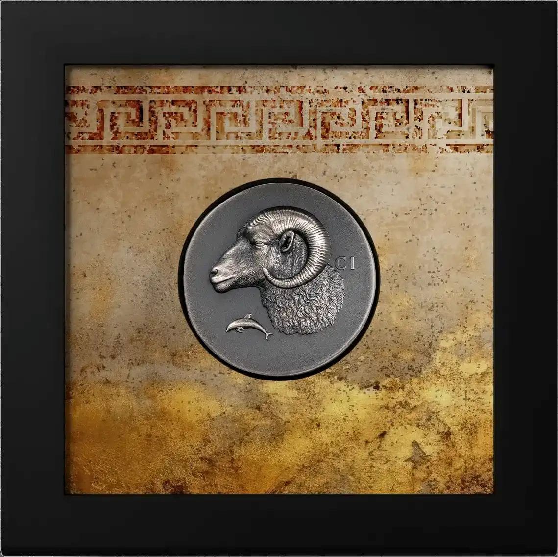 Intricate 2026 Cook Islands Krios silver coin, 1 oz antiqued finish, minted by GR, showcasing a detailed ram profil.