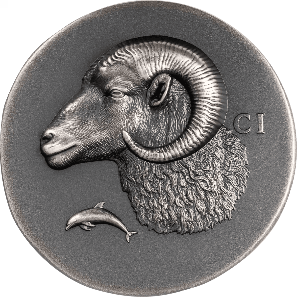 Crucial for ecommerce, 2026 Cook Islands Krios 1 oz Silver Antiqued Coin, minted by GR, featuring a ram and dolphin.