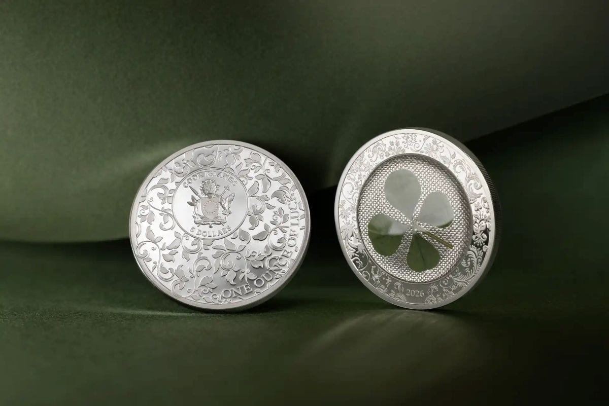 Silver coin, 2026, Cook Islands mint, 1 oz, colorized proof, angled view, Ounce of Luck theme.