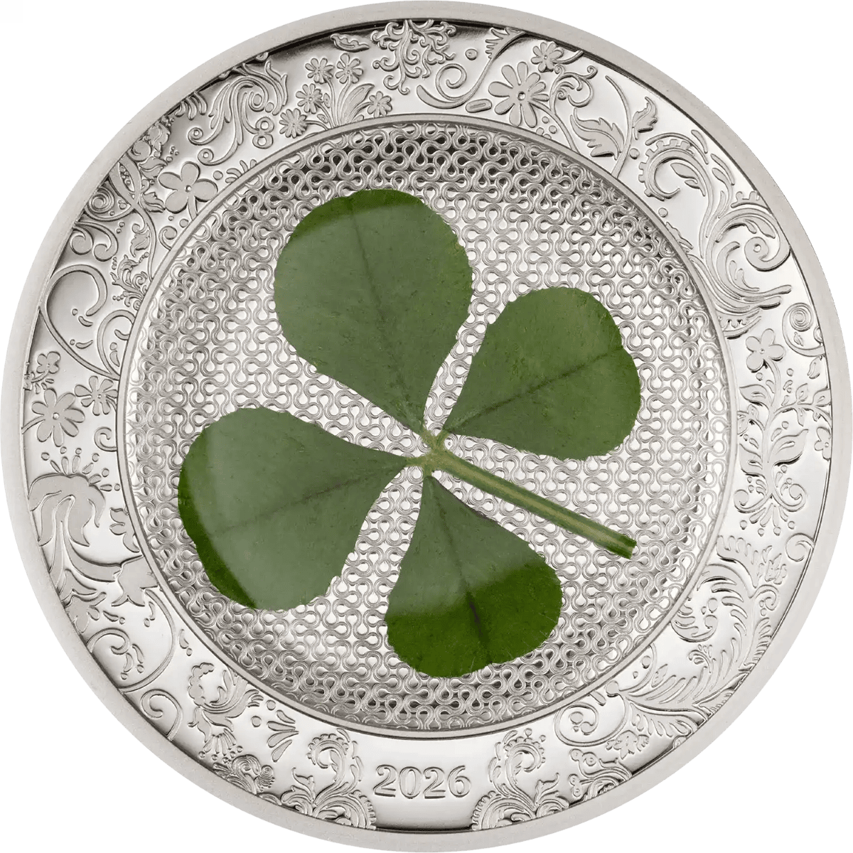 Crucial angle 2026 Cook Islands silver proof coin, 1 oz, minted by GR, featuring a lucky four-leaf clover design.