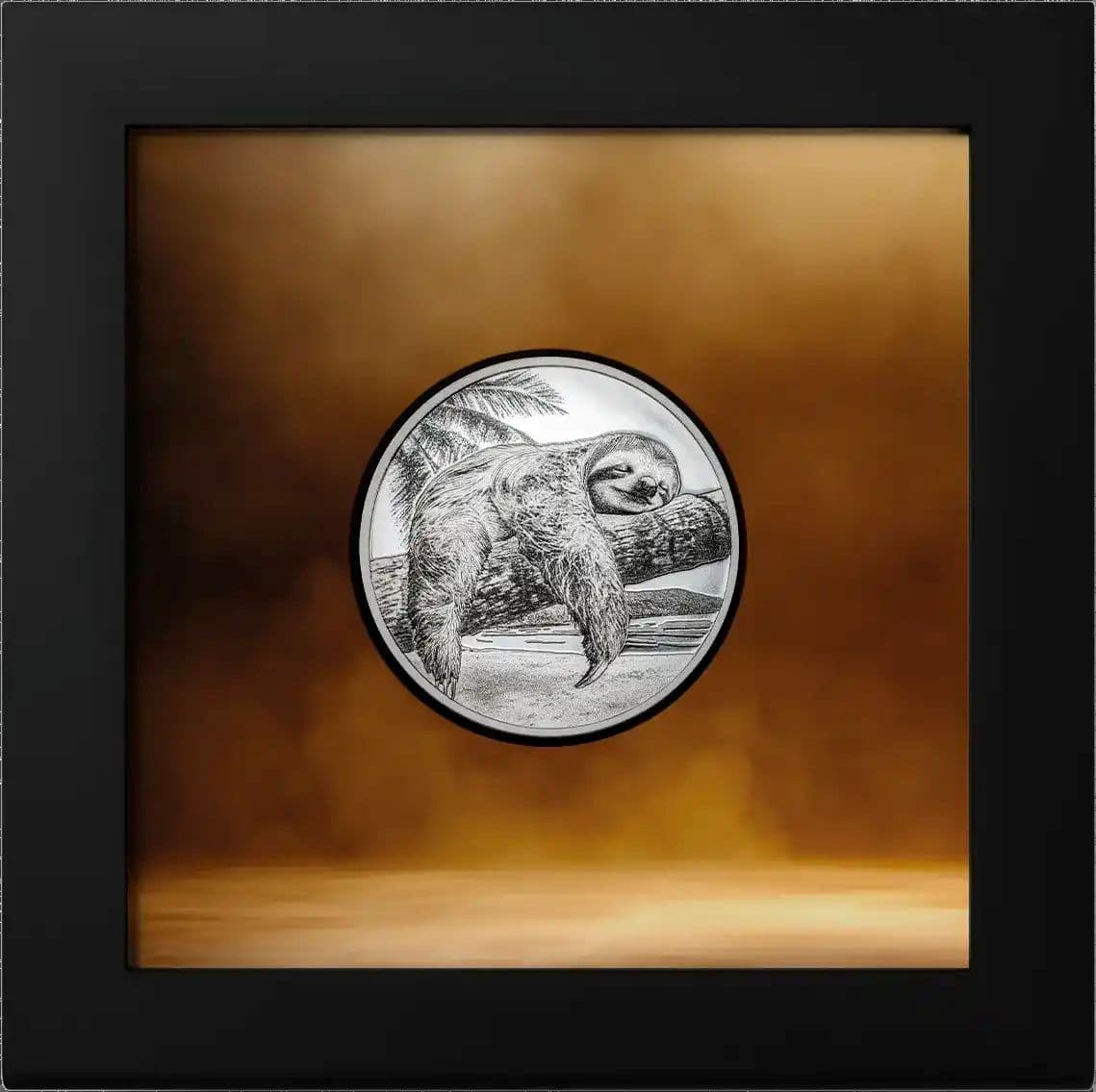 Sloth 2026 Cook Islands Silver Coin, 1 oz, colorized proof, minted by GR Reserve, angled view showcasing detailed a.