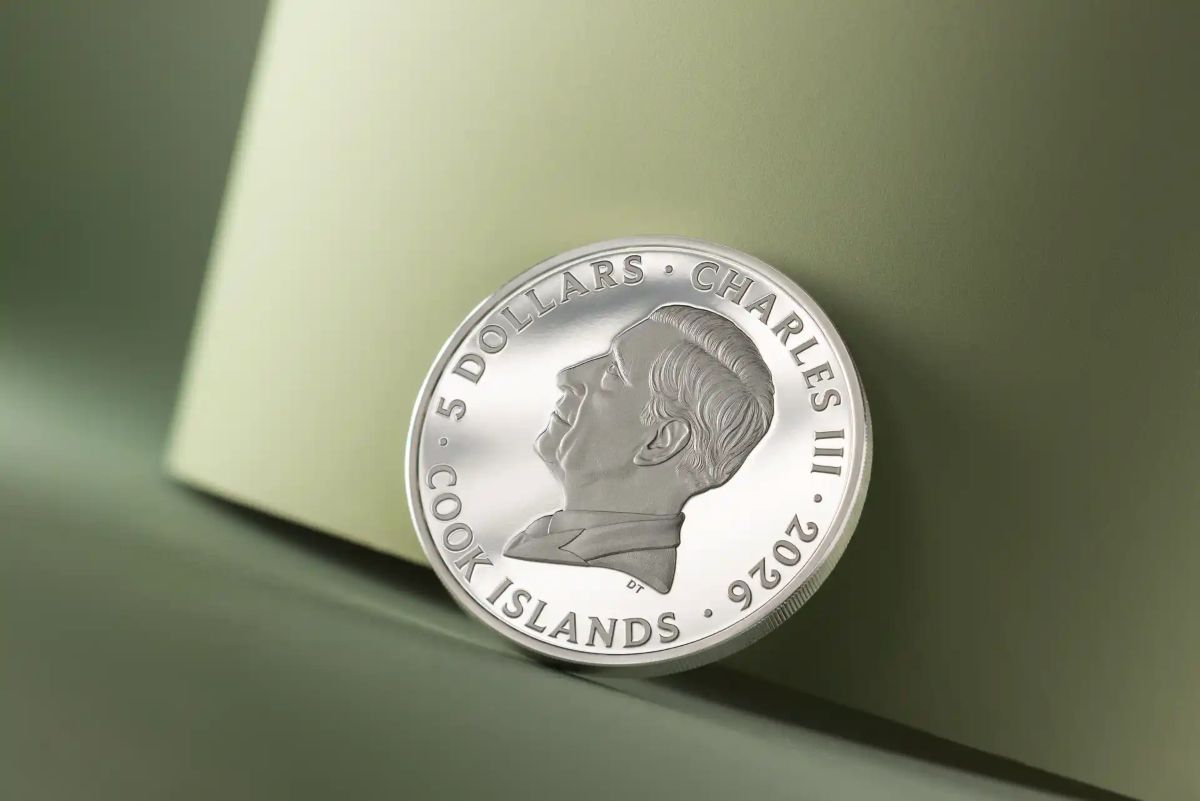A. 2026 Cook Islands Seven Deadly Sins Sloth 1 oz Silver Colorized Proof Coin GR Reserve Social Back, front angle,.