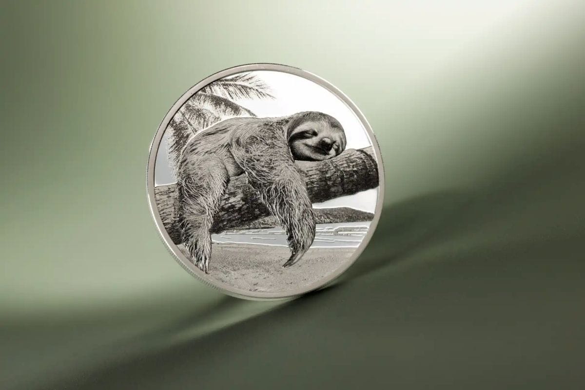 Sloth coin, 2026, Cook Islands mint, 1 oz silver, colorized proof, from the Seven Deadly Sins series, showcasing de.
