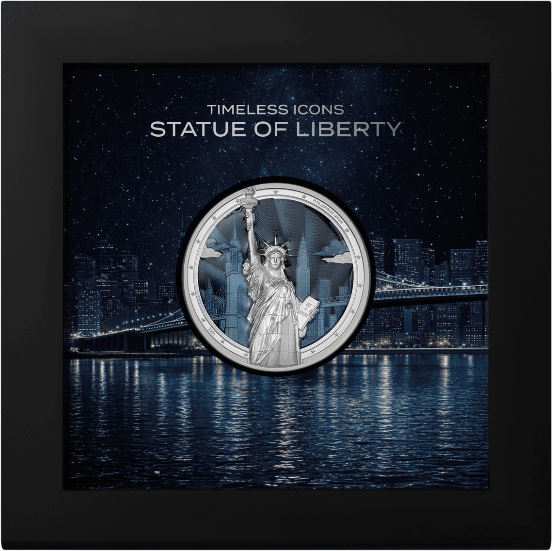Shallow angle view of the 2026 Cook Islands Statue of Liberty 2 oz silver colorized proof coin, minted in 2026, sho.