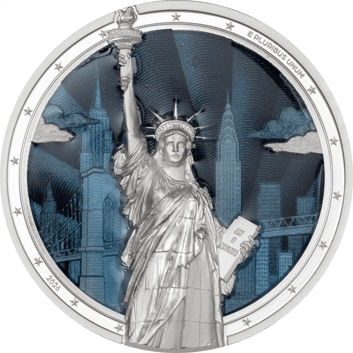 Shiny silver-colored 2026 Cook Islands Statue of Liberty 2 oz proof coin, featuring detailed design and vibrant col.
