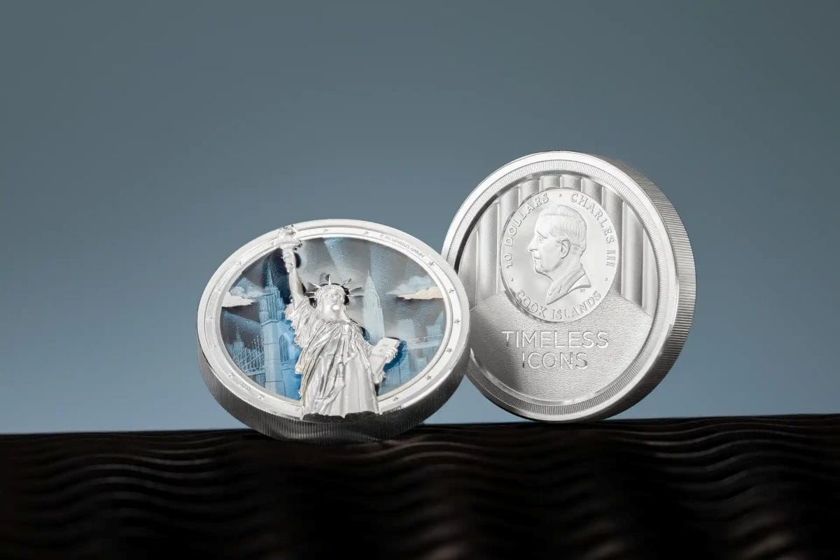 Shallow angle of the 2026 Cook Islands Timeless Icons Statue of Liberty 2 oz Silver Colorized Proof Coin, minted by.