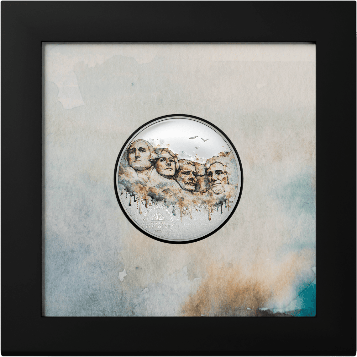 Intricate Mount Rushmore 2026 silver proof coin, 0.5 oz, minted by GR, featuring colorful artistic details, perfect.