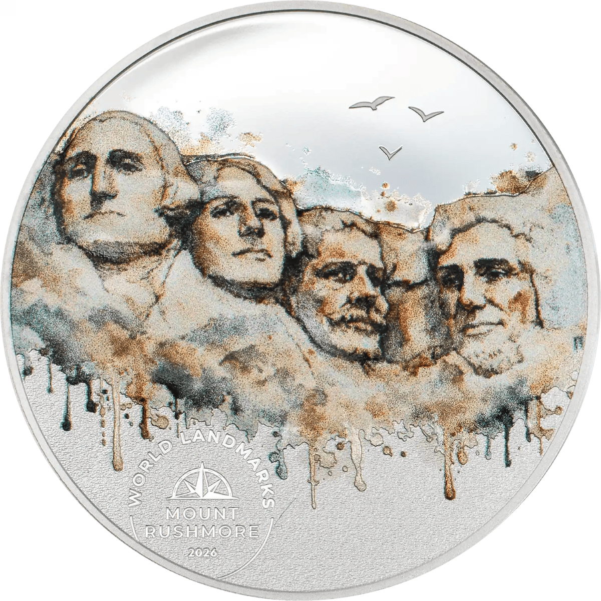 Intricate Mount Rushmore 2026 coin, 0.5 oz silver, colorized proof, minted in the Cook Islands, showcasing iconic p.